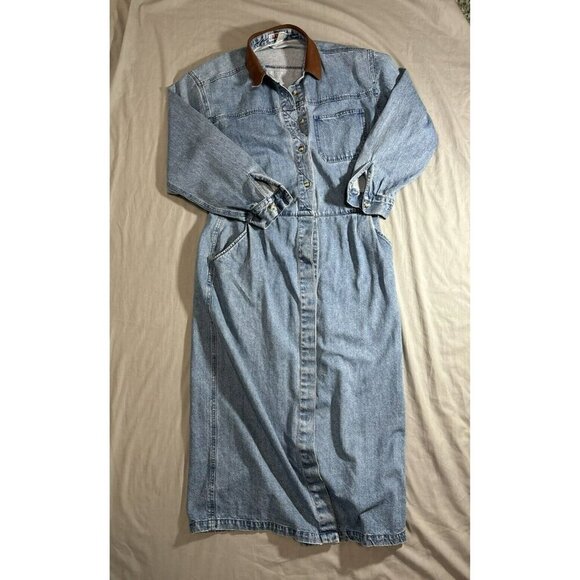 Vintage Denim Maxi Dress by FADS Button Front Prairie Womens sz 14 - Picture 1 of 9